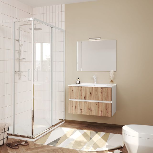 Meuble de salle de bain suspendu 80 cm blanc avec façade en chêne cannelé Meuble de salle de bain suspendu 80 cm blanc avec façade en chêne cannelé