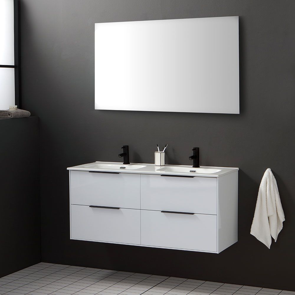 Meuble de salle de bain suspendu blanc brillant et double lavabo