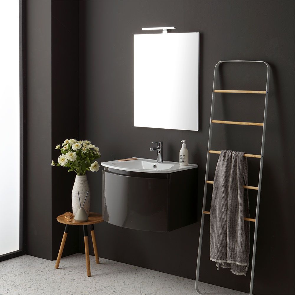 armoire de toilette avec lavabo suspendu à la ligne courbe gris foncé brillant