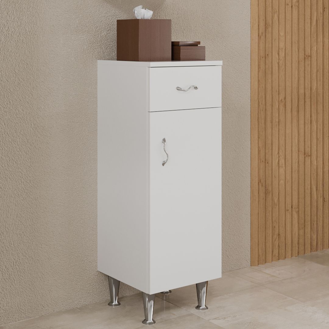 Mobiletto per bagno bianco con anta e cassetto