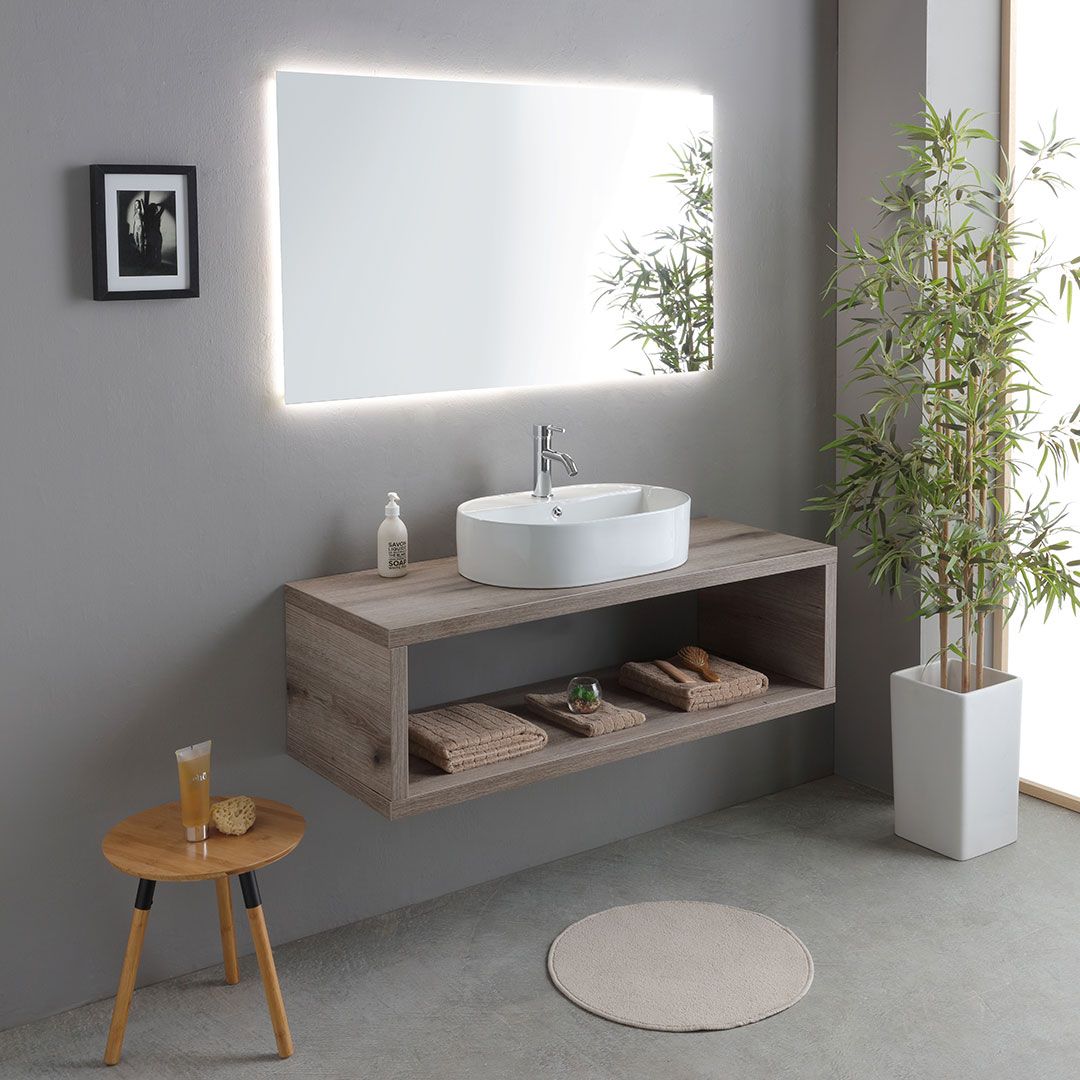 Meuble de salle de bains suspendu 120 cm en chêne fossile avec lavabo blanc et miroir LED