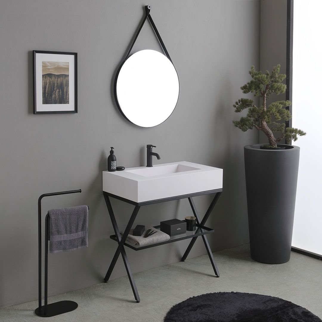 Support en métal noir mat avec vasque en résine blanche de 80 cm et miroir rond