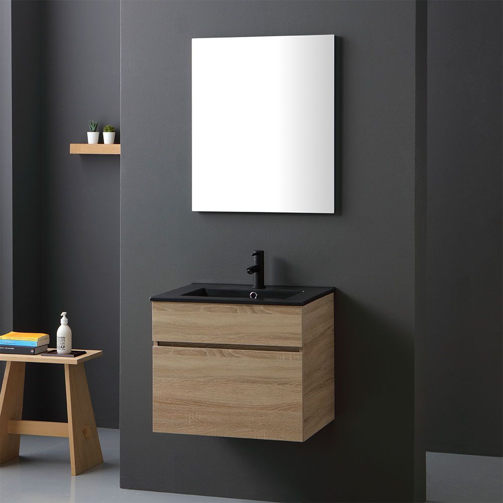 Meuble de salle de bain de 80cm chêne Well avec lavabo noir