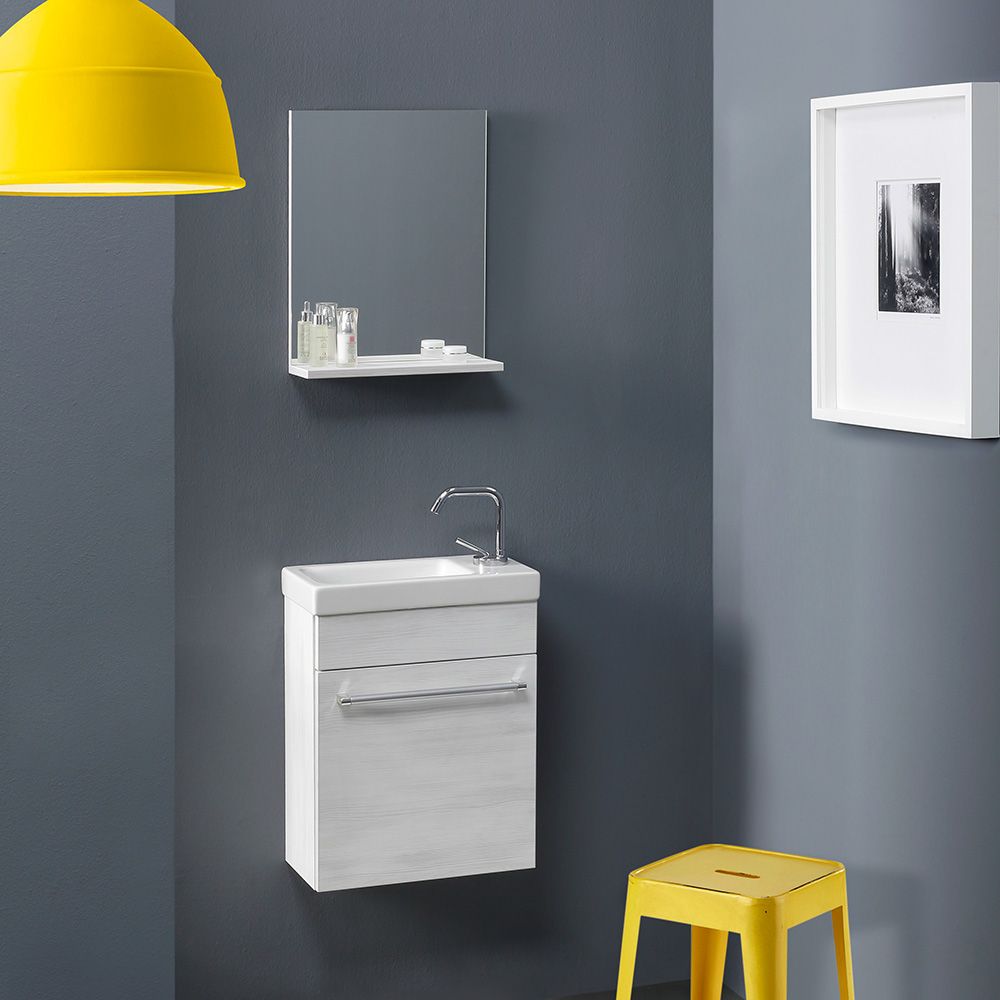 Entière composition du meuble gain de place Smart en finition chêne claire et élégante avec miroir et tablette