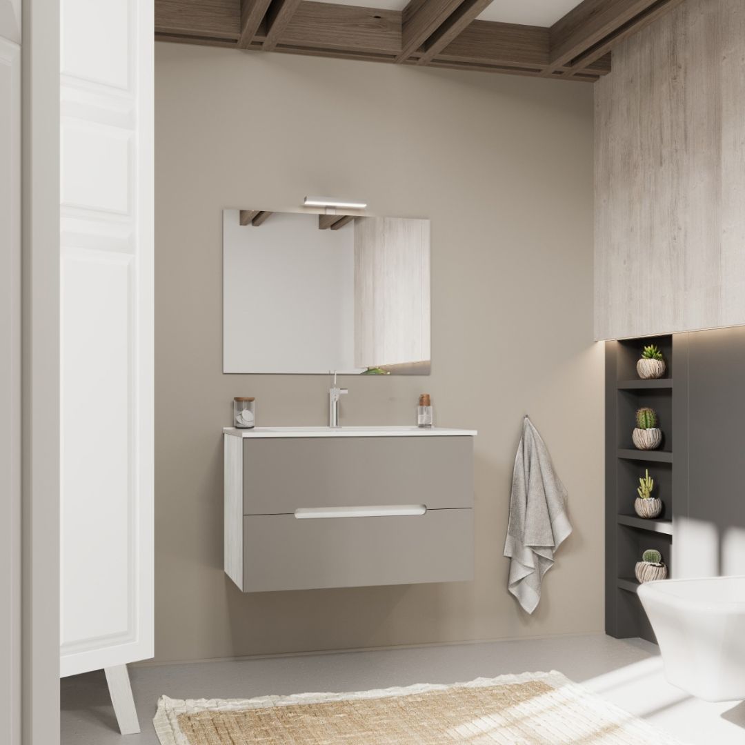 Mobile bagno sospeso con laterali bianchi e frontale grigio