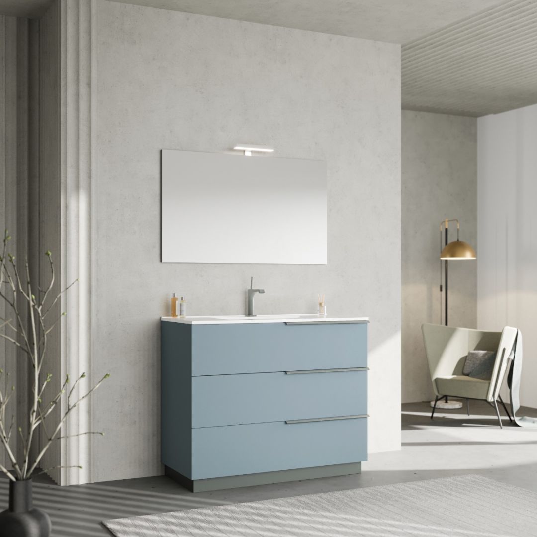 Arredo bagno a terra da 100cm celeste con lavabo e specchio 100x60 con lampada