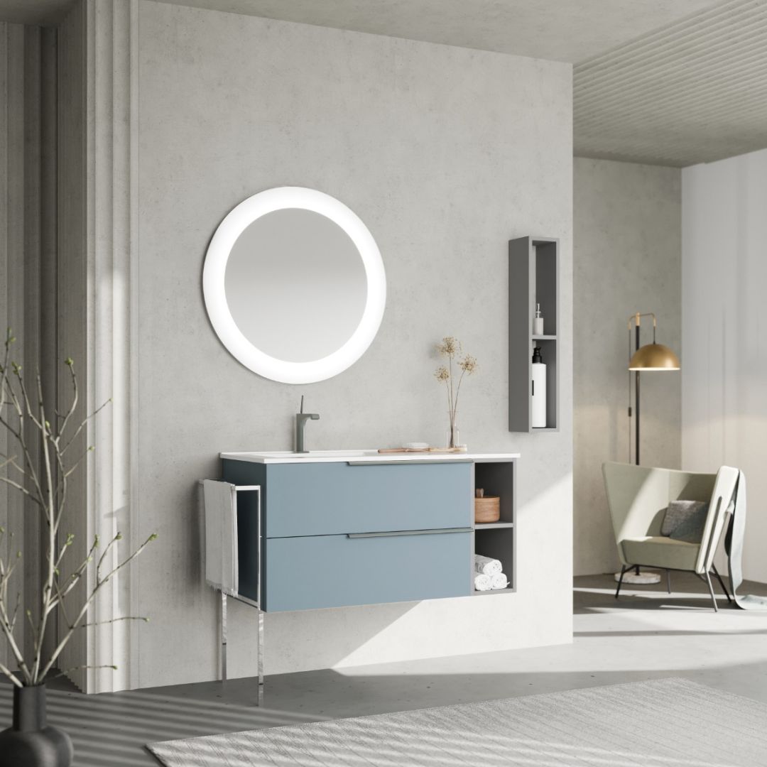 Mobile bagno sospeso con cassetti celeste e vano a giorno grigio con specchio tondo