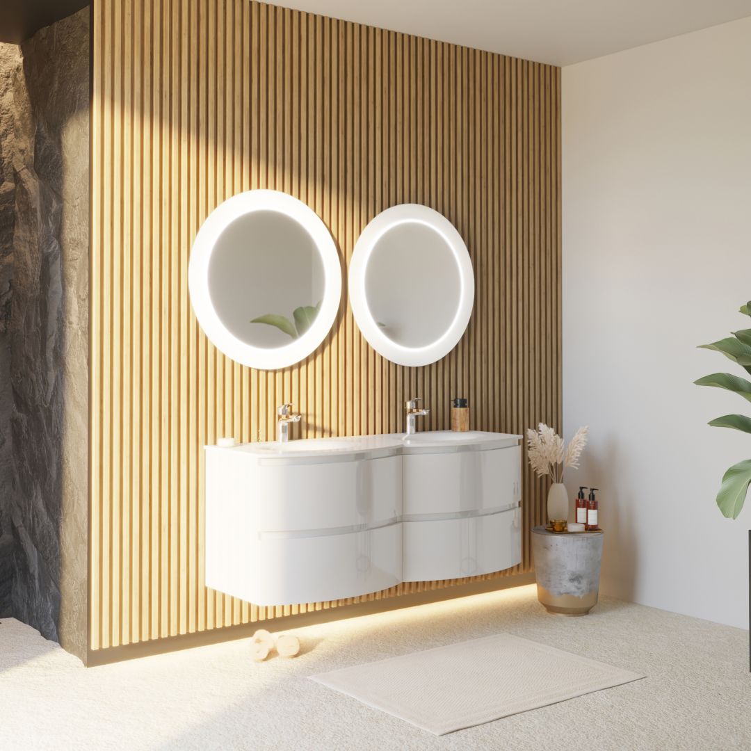 Mobile bagno sospeso curvo da 140 cm in bianco lucido