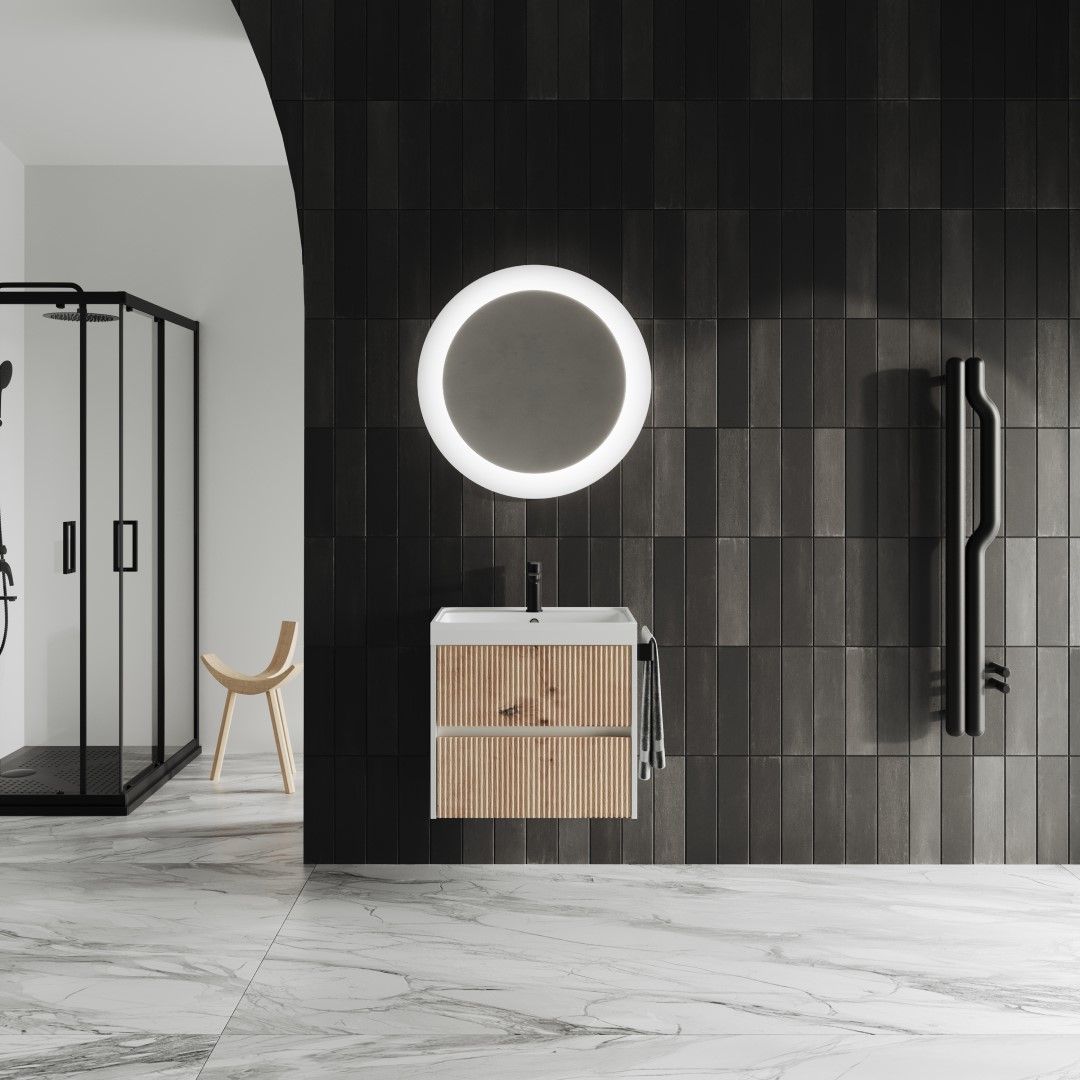 Meuble de salle de bains de 60 cm en chêne doré à cannelures avec miroir rond