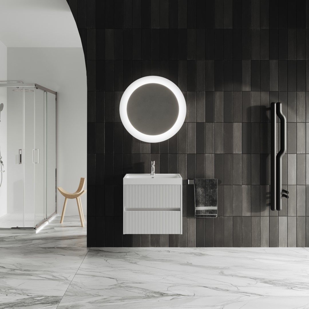 Mobile de salle de bains suspendu en bois à cannelures, blanc mat