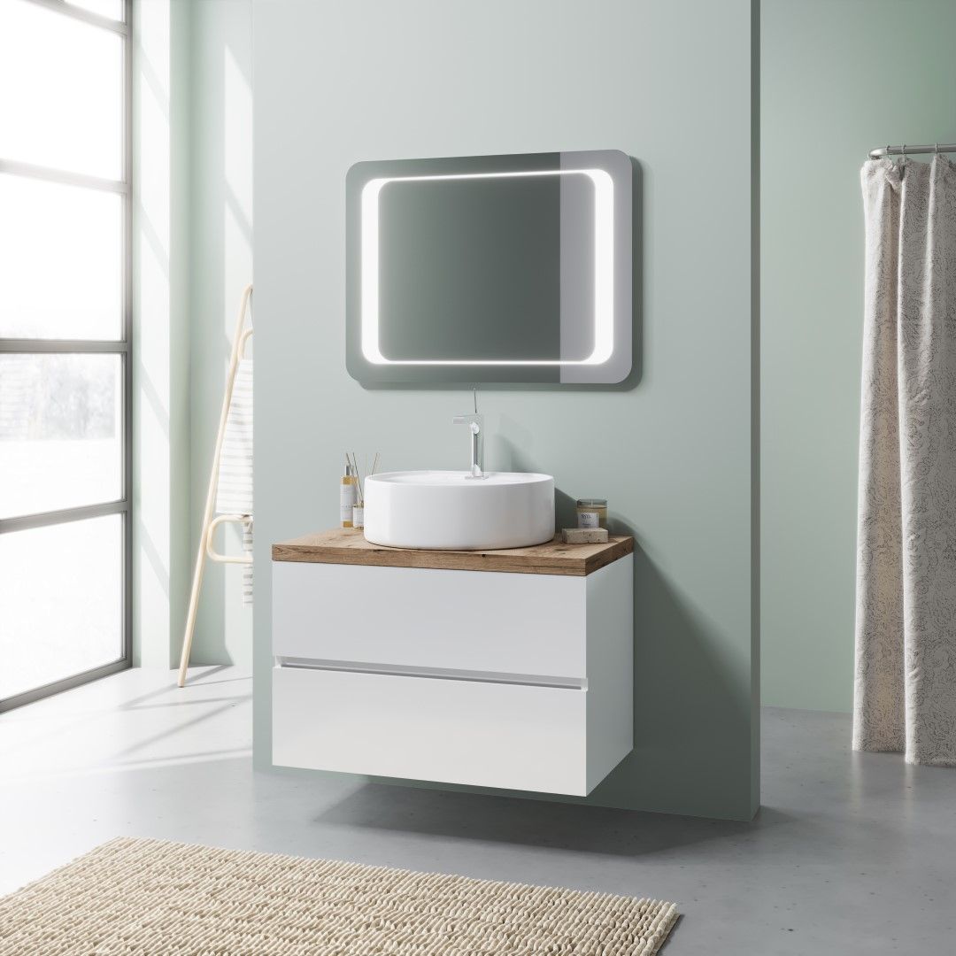 Mobile bagno sospeso 80 cm con top rovere, lavabo in ceramica e specchio