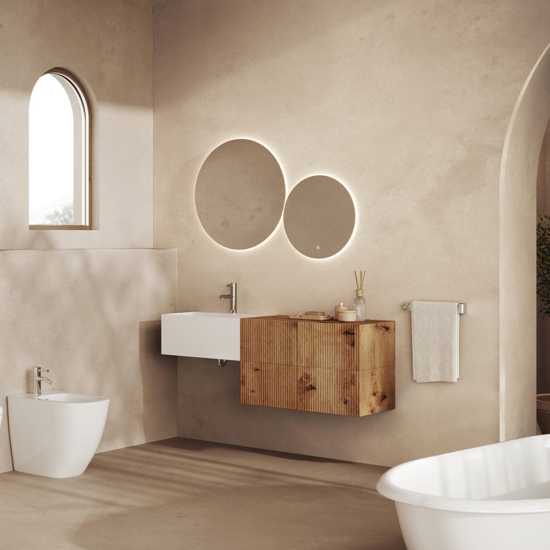 Meuble de salle de bain moderne lavabo en résine blanche, 4 tiroirs en chêne doré avec façade striée, 2 miroirs ronds