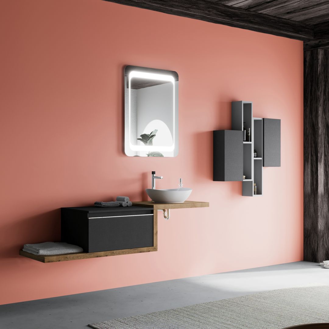 Mobile bagno sospeso 160cm con cassetto, lavabo d'arredo e specchio