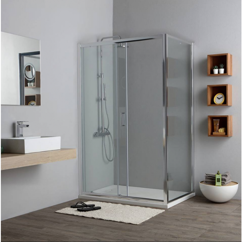 Cabine de douche avec ouverture coulissante de 140 cm et paroi fixe New Giada transparente de 70 lignes