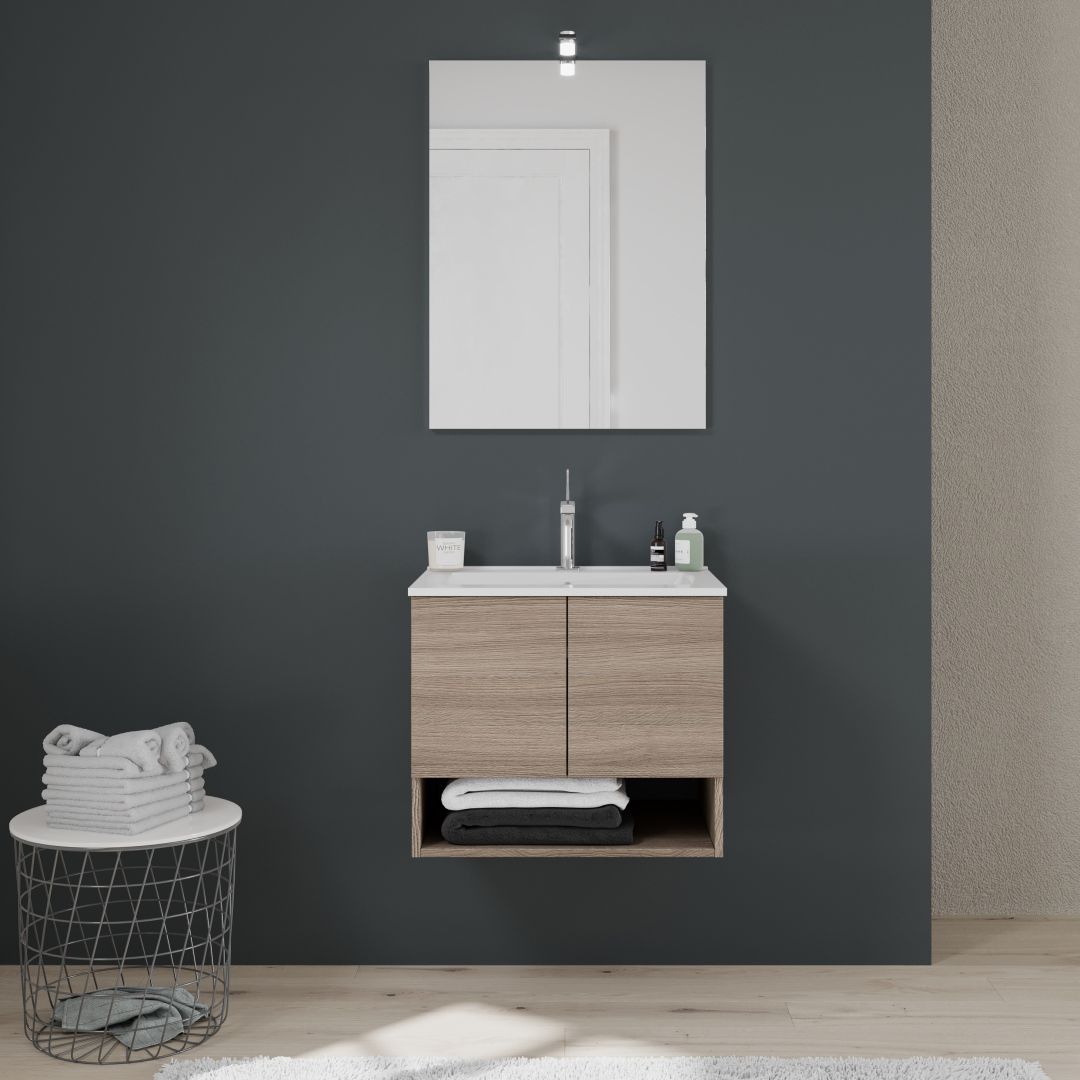 armoire de salle de bains murale avec portes et lavabo en effet bois chêne natural
