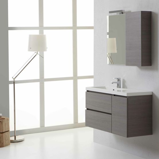 Meuble pour salle de bains Manhattan complet de base avec tiroirs et portes, lavabo, miroir, armoire et éclairage