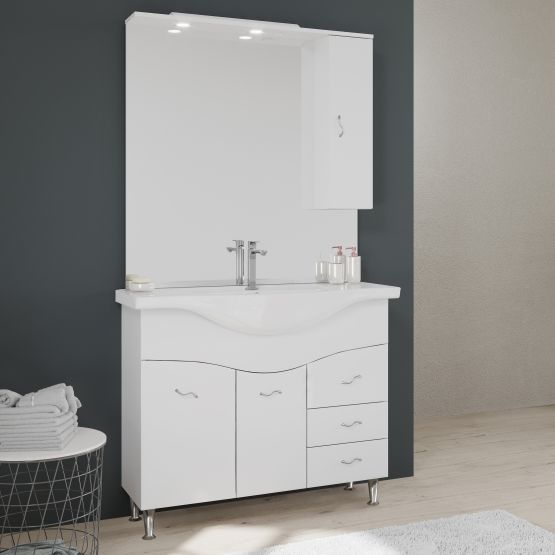 Ensemble de salle de bains classique Easy 105 cm. avec deux portes, 3 tiroirs, lavabo, miroir avec meuble suspendu et led lampe