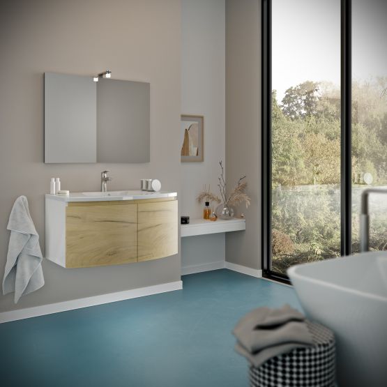 Meuble lavabo de salle de bain arrondi avec des portes en chêne miel