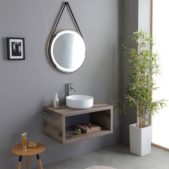 Meuble suspendu 80 cm en chêne fossile, lavabo en céramique blanche et miroir rond LED