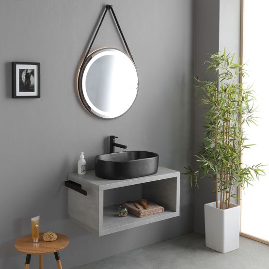 Meuble de salle de bains suspendu 80 cm en béton avec lavabo ovale noir mat et miroir rond éclairé à LED